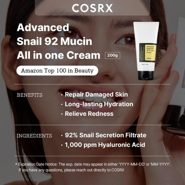 COSRX Snail Mucin 92% Moisturizer, Daily Repair Face Gel Cream Tube Type for Dry - Image 2