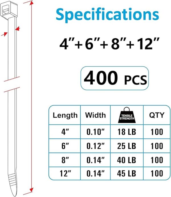 Zip Ties Assorted Sizes(4”+6”+8”+12”), 400 Pack, Black Cable Ties - Image 4