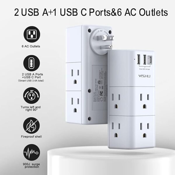 USB Multi Plug Outlet Extender - YISHU Surge Protector with Rotating Plug - Image 2