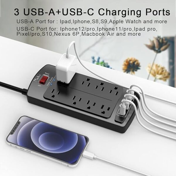 Surge Protector Power Strip - Nuetsa Flat Plug Extension Cord with 8 Outlets and 4 USB Ports - Image 2