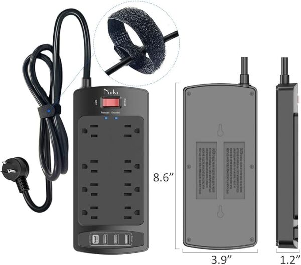 Surge Protector Power Strip - Nuetsa Flat Plug Extension Cord with 8 Outlets and 4 USB Ports - Image 3