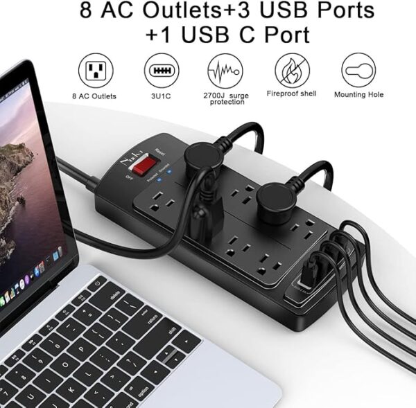 Surge Protector Power Strip - Nuetsa Flat Plug Extension Cord with 8 Outlets and 4 USB Ports - Image 5