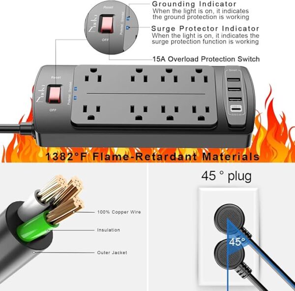 Surge Protector Power Strip - Nuetsa Flat Plug Extension Cord with 8 Outlets and 4 USB Ports - Image 7