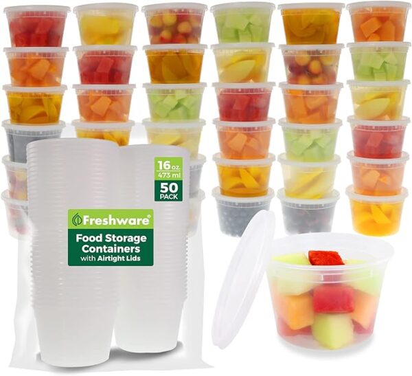 Freshware Food Storage Containers [50 Set] 16 oz Plastic Deli