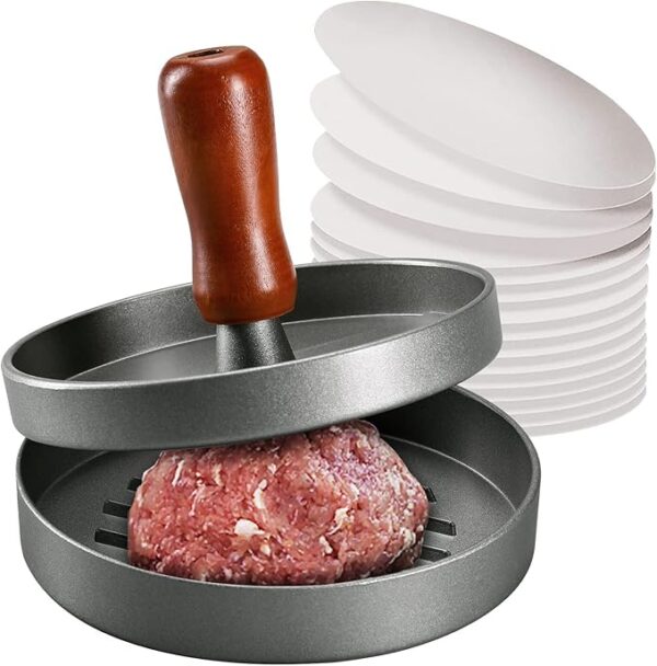 Burger Press Patty Maker Stainless Steel Hamburger Patty Press Mold Wood Handle Non