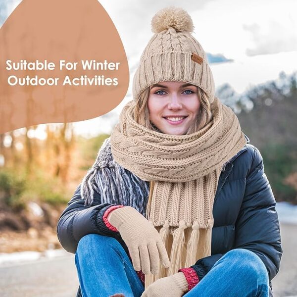 Women Winter Knit Warm Hat Scarf Beanie Gloves Set - Image 3