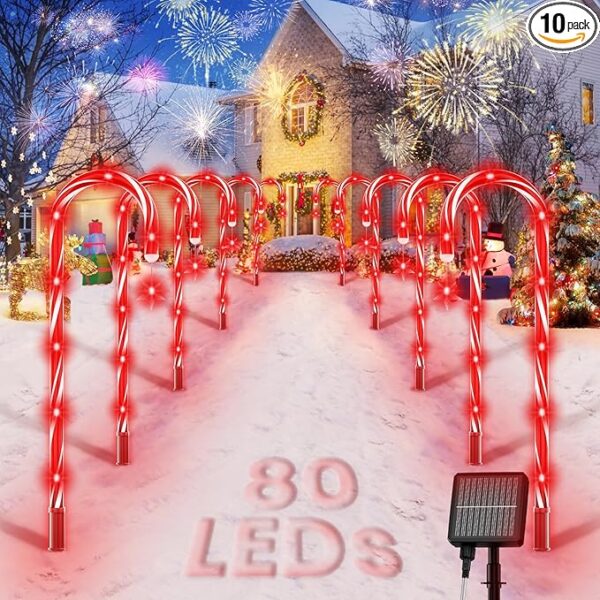 AOSEA Christmas Decorations Outdoor, 80 Red LEDs Solar Christmas Candy Cane Lights