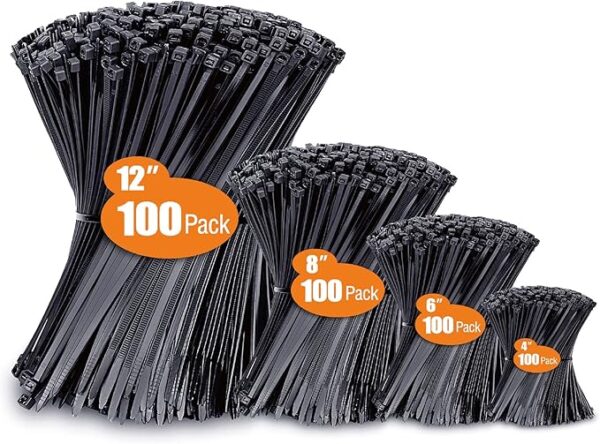 Zip Ties Assorted Sizes(4”+6”+8”+12”), 400 Pack, Black Cable Ties