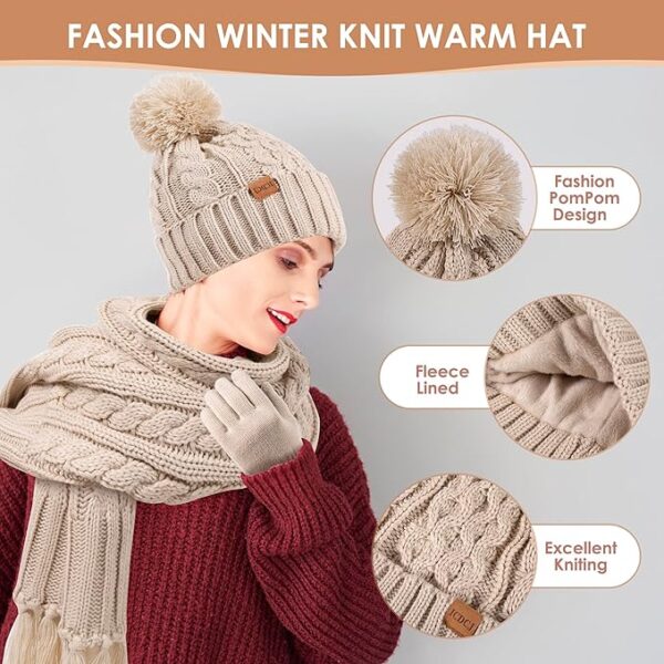 Women Winter Knit Warm Hat Scarf Beanie Gloves Set - Image 4