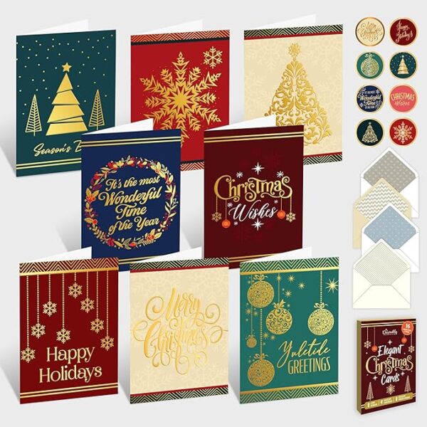 Decorably 16 Pack Foil Embossed Elegant Merry Christmas Cards