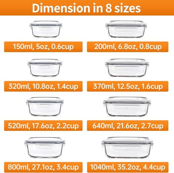 HOMBERKING 8 Pack Glass Food Storage Containers with Lids, Meal Prep Containers - Image 3